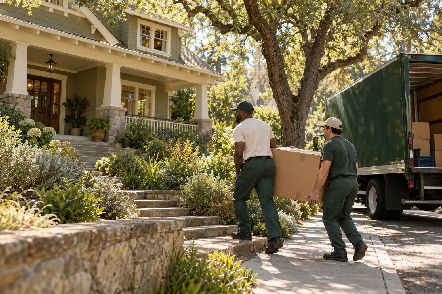 Moving-day scene with an unbranded green truck outside a California home